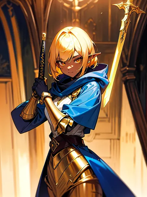 score_9_up, score_8_up, score_7_up, score_6_up, score_5_up, score_4_up, 1 Elf girl, solo, extreme detail, Masterpiece, Best Quality, beautiful, high-res image, evil smile, golden eyes, golden hair, dark skin, Expression pain, wearing medieval armor, combat...