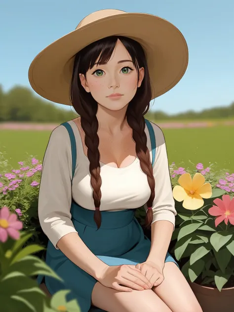 score_9, score_8_up, score_7_up, BREAK, rating_safe, zy_mirabel, 1girl, long hair, hat, flower, braid, freckles, hat flower, twin braids, large breasts, green eyes, sit, garden, realistic, photo, real hair, detailed skin, highly detailed, detailed skin, de...