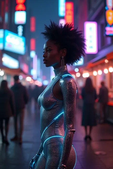 Heres the description with a new setting:

"In a striking cyberpunk metropolis, a vivid portrait captures the woman as a stunning bionic figure in a bustling future marketplace, where advanced technology merges seamlessly with human creativity. She stands ...