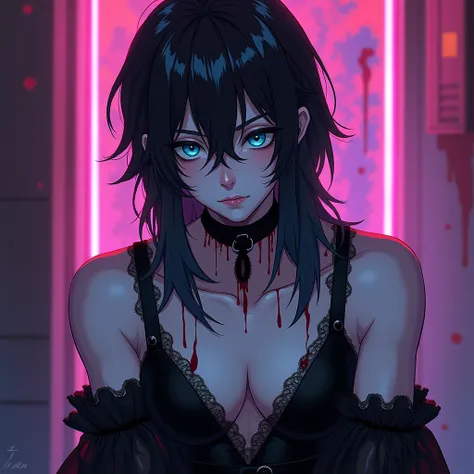 sexy, young male, with black long hair, teal blue eyes, delicate facial features, and pale and white skin. frilly Gothic clothes. anime style. blood. his eyes look soulless. Sexy pose. Sensual pose. (Cyberpunk) (pink and purple shading) male. (Neon highlig...