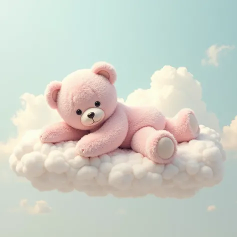 A giant teddy bear, with soft, shiny fur, lying on a cloud. O urso usa um laço de cetim doradas e tem uma expressão serena. Fundo offwhite com leves nuances de azul e rosa. Artistic style: Photographic realism, foco nos detalhes, soft lighting. colors: ton...