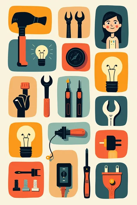 Create a drawing in the style of Joaquin Torres Garcia in vertical, but instead of having the symbols of that painter, draw symbols ONLY of basic electrical tools and components SIMPLE to draw (hammer, Wrench, tweezers, light bulb, Screwdriver, screws, the...