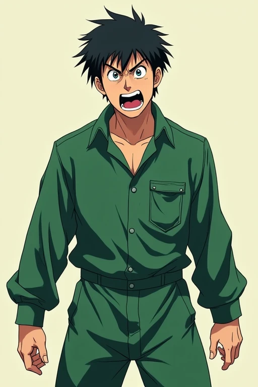 Anime-style Japanese man wearing long-sleeved green jumpsuit with a desperate face