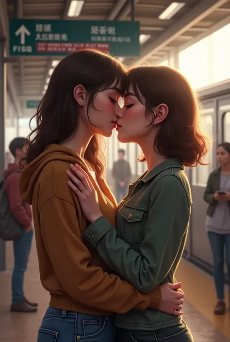 Young woman kisses her girlfriend at the train station, both are tightly embraced 