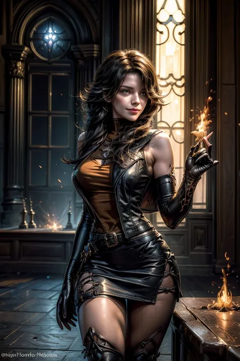 (masterpiece, best quality:1.2), cowboy shot, solo, 1girl, cinder fall, evil smile,holding flames, looking at viewer, long hair, t-shirt, white skirt, sleeveless jacket, elbow gloves, pantyhose, standing inside huge gothic library (volumetric lighting), sh...