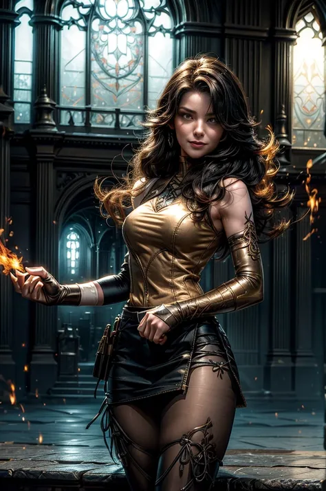 (masterpiece, best quality:1.2), cowboy shot, solo, 1girl, cinder fall, evil smile,holding flames, looking at viewer, long hair, t-shirt, white skirt, sleeveless jacket, elbow gloves, pantyhose, standing inside huge gothic library (volumetric lighting), sh...