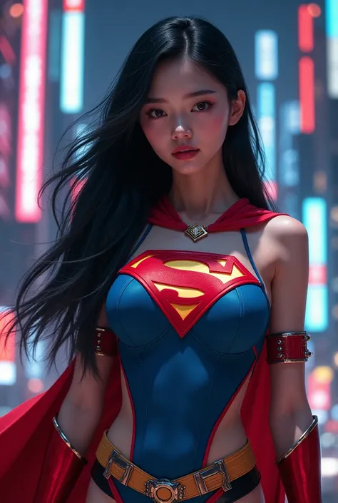 create an image of a beautiful Japanese girl wearing a Superwoman costume with the letter “NINA” on her chest. realistic