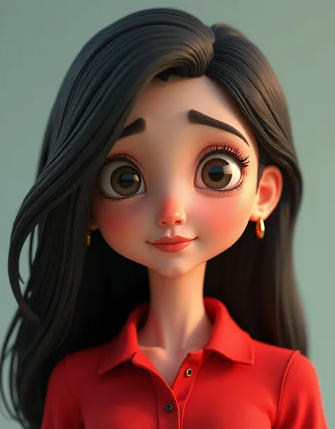 Unparalleled Cartoon characters of a young woman insane PEARLY SKIN STRAIGHT HAIR, long and black, WITH A SMALL NOSE EARRING AND A RED POLO SHIRT animation style rendering, 3D stylized, Arnold Maya rendering, Render 3D stylized, , 3D character, 3D characte...