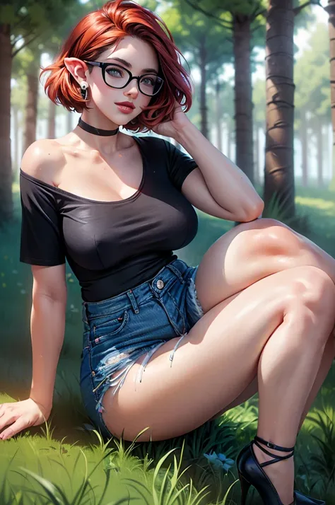 
(large breasts 1.4), beautiful elf woman, ((Short Red Hair: 1.6, straight with shine)), bright blue eyes, bright eyes, double eyelids, light effect on eyes, detailed irises, sexy, curvy body, glasses,(( black tee shirt, choker, tiny denim shorts, black hi...