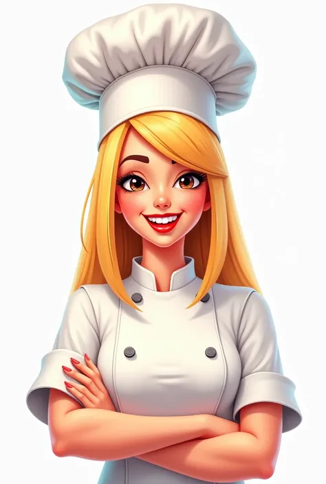 Female chef with chef hat with blonde hair red lips straight hair animated for restaurant logo 