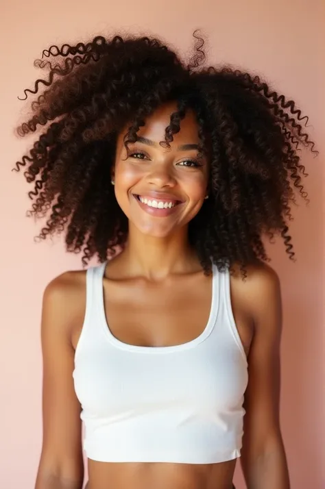 A curly girl in a white crop top