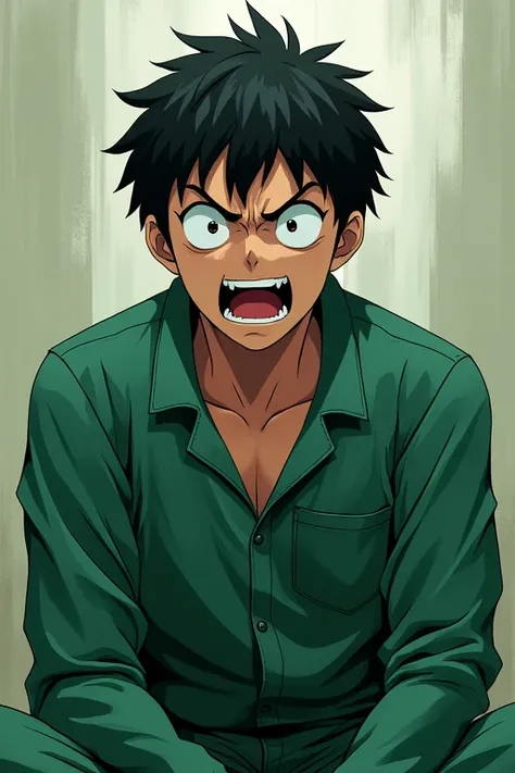 An anime-style Japanese man wearing a long-sleeved green jumpsuit with a desperate look on his face