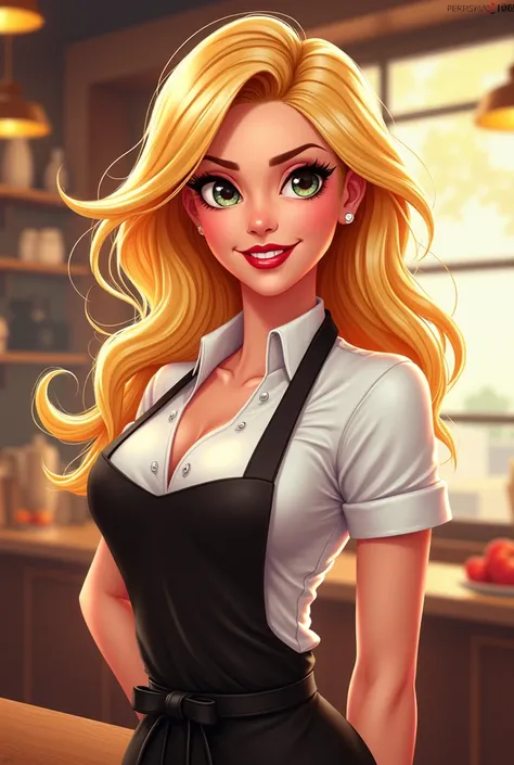 Female chef with blonde hair red lips straight hair animated for restaurant logo 