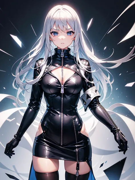 a girl，magician，silver hair，Expressionless，syncope，tights，((Super detailed zipper))，Sexy，weak，dynamic poses