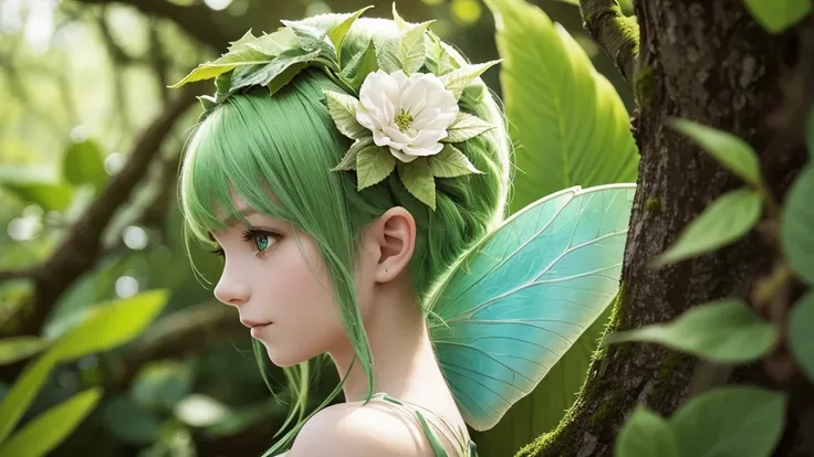 “Create an extreme close-up portrait of a Leaf Fairy. The fairy should have vibrant green hair, delicate leaf or flower-like wings, and a serene expression. The background should be heavily blurred to emphasize the fairy’s face, with soft, nature-inspired ...