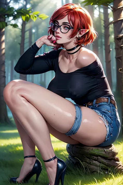 
(large breasts 1.4), beautiful elf woman, ((Short Red Hair: 1.6, straight with shine)), bright blue eyes, bright eyes, double eyelids, light effect on eyes, detailed irises, sexy, curvy body, glasses,(( black tee shirt, choker, tiny denim shorts, black hi...