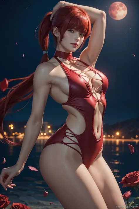 KOF,King of Fighters,Shermie,Red hair,long hair,Long hair tied in a ponytail,Hide your eyes with bangs,Beautiful white skin,Photorealistic,Ultra HD,high quality,masterpiece,Digital SLR,Detailed details,Intricate details,Anatomical basis,Depicted in detail,...