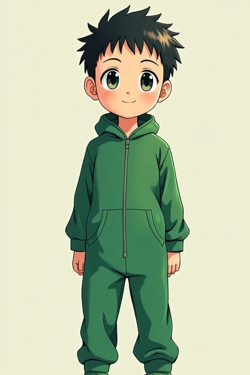 Anime-style Japanese man wearing long-sleeved green jumpsuit with a cute face