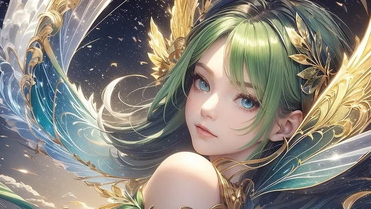 “Create an extreme close-up portrait of a Leaf Fairy. The fairy should have vibrant green hair, delicate leaf or flower-like wings, and a serene expression. The background should be heavily blurred to emphasize the fairy’s face, with soft, nature-inspired ...