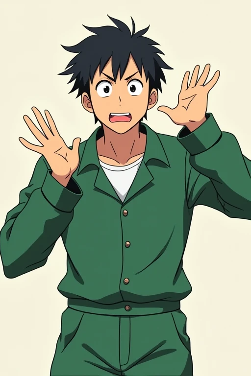 Anime-style Japanese man wearing long-sleeved green jumpsuit and asking for something with a funny face