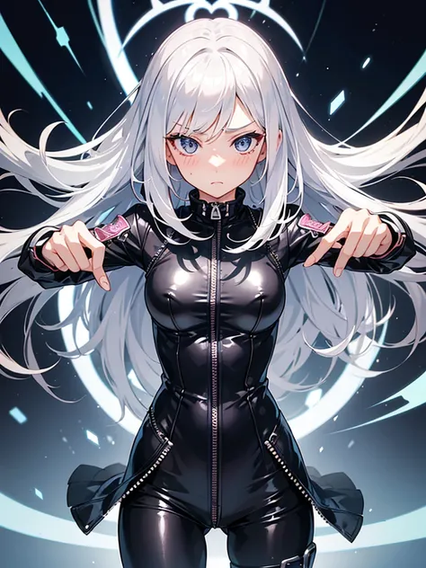 a girl，magician，silver hair，Random hairstyle，Expressionless，blush，tights，((Super detailed zipper))，Sexy，weak，((dynamic poses))