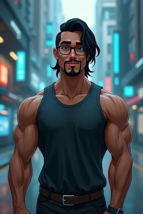 A front animation of a very masculine brown Brazilian man, 2, with medium length black straight hair and glasses.,  weighing around 89 kg in a technology scenario, 