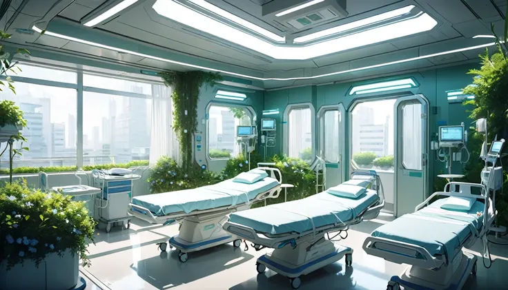 Empty gynecological chairs, Delivery rooms of a futuristic hospital, from an eco-futuristic city, hospital with stretchers and medical equipment, green plants and shrubs, building with large windows and good lighting.