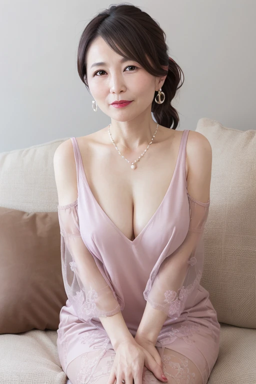 Beautiful and mature 55 year old Japanese woman, Married women, Fine lines, Long eyelashes, Low Ponytail, Brown eyes, Red lipstick, Pink Cheeks, Pearl Necklace, Earrings, Dark eyeshadow, naked, Beautiful body, sofa, Sheer dresses,  Functional, Sexy pose, (...