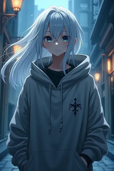 Anime guy with long white hair and a hoodie