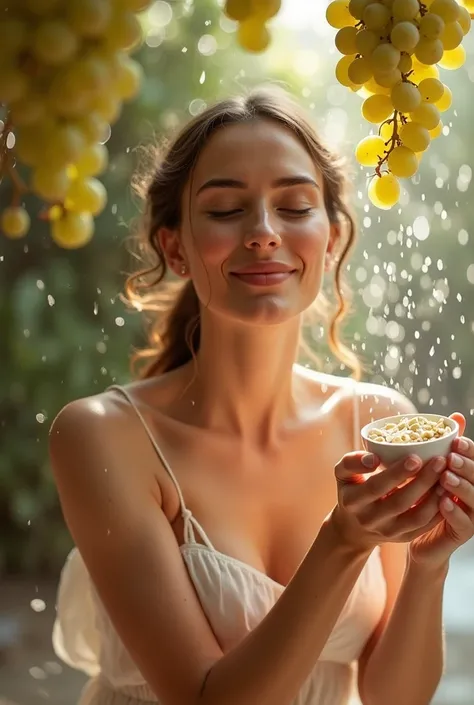 Imagine a woman in a moment of self-care, carrying out your skincare routine carefully. While she applies a serum or cream to her face, she holds a cup of dietary supplement with one hand. Suddenly, a gentle rain of grapes falls on his face and shoulders, ...