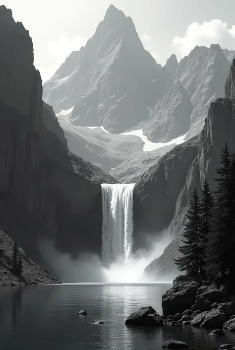 Make a mountain landscape with a waterfall flowing into a lake in black and white to color 