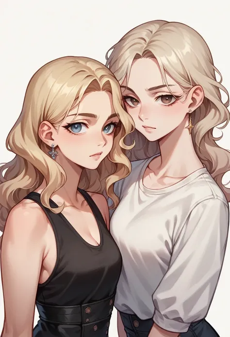 Kizi,rosto angelical, medium brown eyebrow, ultra light blonde wavy hair,two earrings in the ear,girl dressed in black