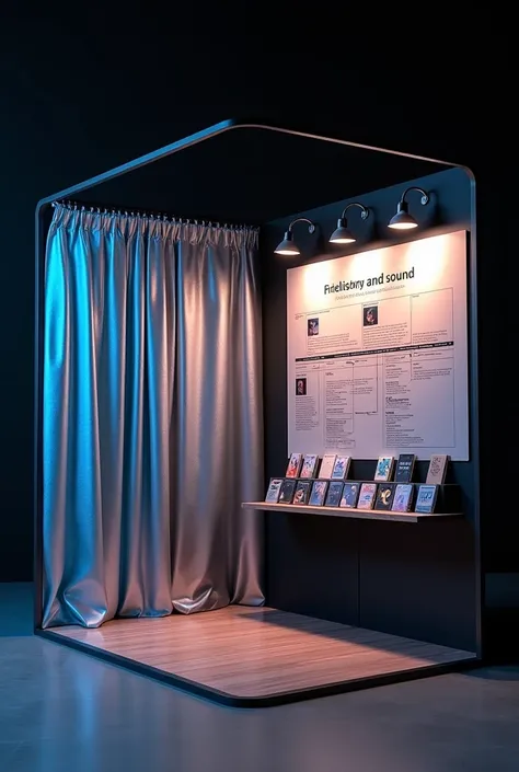 Create a stand in 3×3 format, with the walls all black, on one side a blue and silver metallic curtain with a row of CDs next to it, on the other side make a timeline about the sound and music and on the last wall leave it just black.

Make it in a simpler...