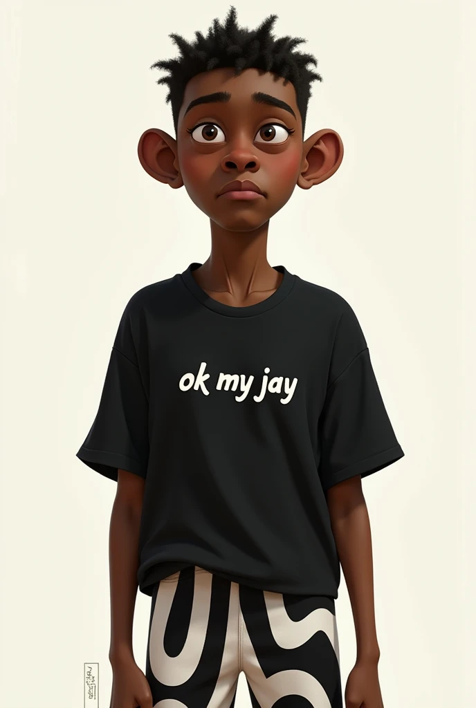 He&#39;s called Hugo, he&#39;s black, his face is round, he has a small nose, a small mouth, big ears and a thin body, he&#39;s wearing black with white and black shorts and the shirt says ok my Jay 