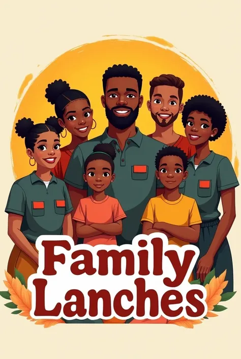 Create a logo for a snack bar with 6 black employees, 4 of whom are men, one man is a pastor and the other three are teenagers from the church and two women, one of the women is a child and the other woman is the mother and has to wear a skirt and no jewel...