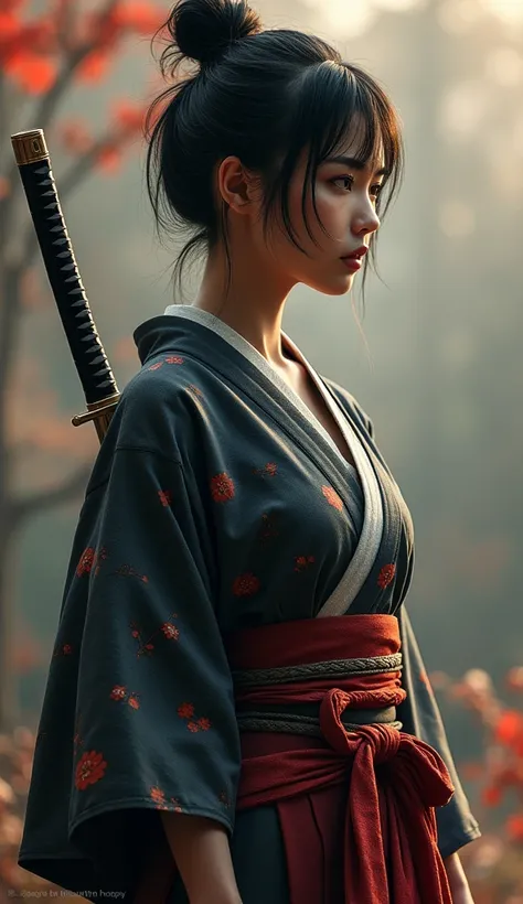 Samurai Girl, Her short black hair was tied back, Wearing a Japanese kimono and hakama, Two Japanese swords are crossed at her waist., ((masterpiece, Highest quality, Best image quality, High resolution, Realistic, RAW Photos, 8k)), ((Highly detailed CG sy...