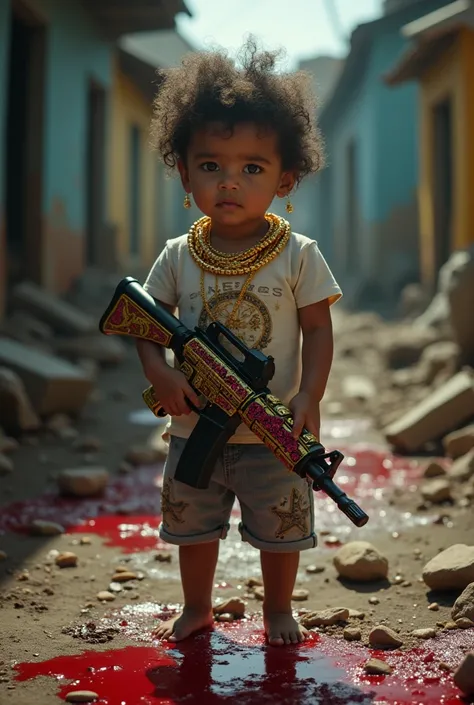 Make a child (white with Brazilian features) in the middle of a slum , (make some chains of pure gold and studded with rubies ) in your hand you have an assault rifle ( at his feet pools of blood)