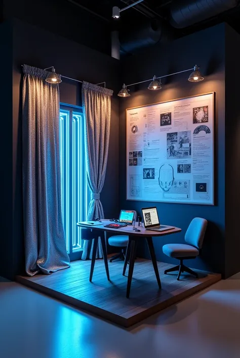 Create a stand in 3×3 format, with the walls all black, on one side a blue and silver metallic curtain with a row of CDs next to it, on the other side make a timeline about the sound and music and on the last wall leave it just black.

Make it in a simpler...