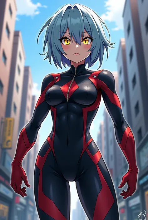 Create a female Bnha oc.
Light blue hair with a black streak, yellow eyes, black red white suit