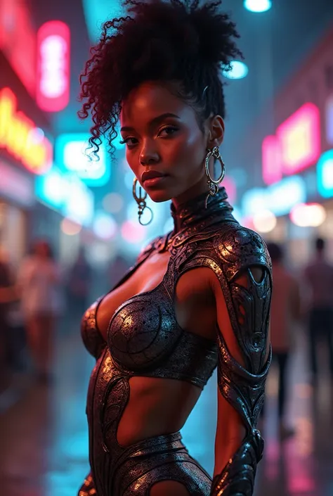 Heres the description with the emphasis on her posing for the camera:

"In a striking cyberpunk metropolis, a vivid portrait captures the woman as a stunning bionic figure, confidently posing for the camera in a bustling future marketplace, where advanced ...