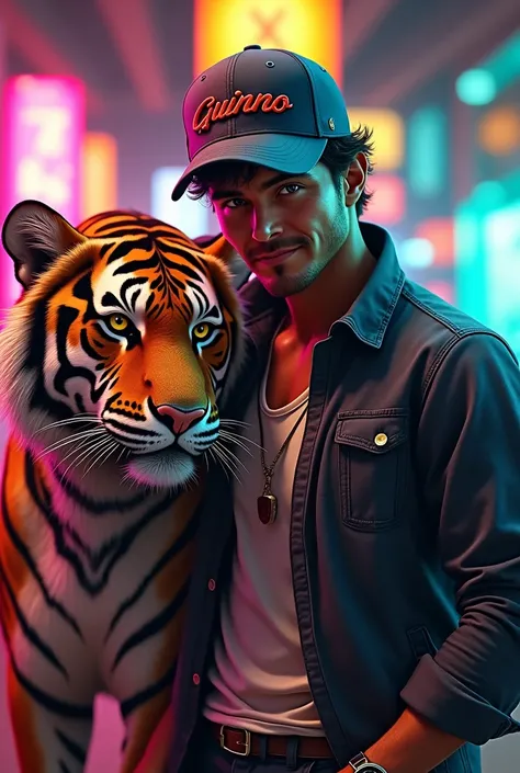 naughty man , slots background, cap with the word GUINHO written on it, and a tiger by your side
