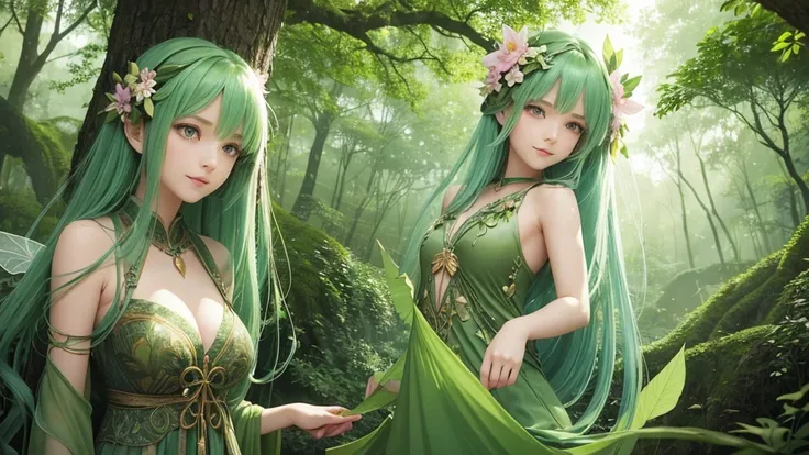 "A Leaf Fairy, a mystical creature connected deeply with nature and the wind. She has flowing green hair, delicate wings resembling leaves and flowers, and eyes that exude the vitality of nature. Though she appears to be in her early 20s, her true age is u...