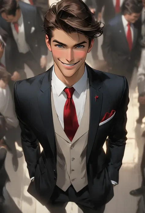 1guy, black hat, black suit, white shirt, 
wide jacket, red tie, hand on chest, looking at viewer, smile, confident look, brown medium hair, simple background, blue eyes, full high,