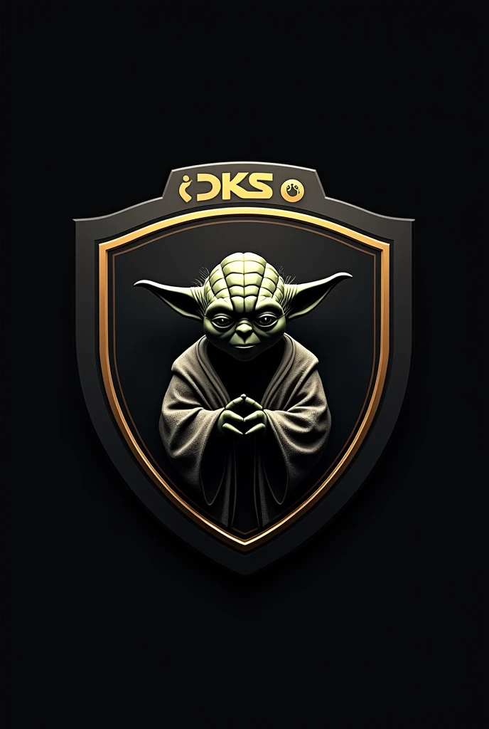 
"Create a circular football shield in a modern style, using black and gold colors. Place an image of Yoda at the center of the shield, with a subtle and elegant style. Include the text Dark Star Liga Amadora around the edge of the shield, and the initials...