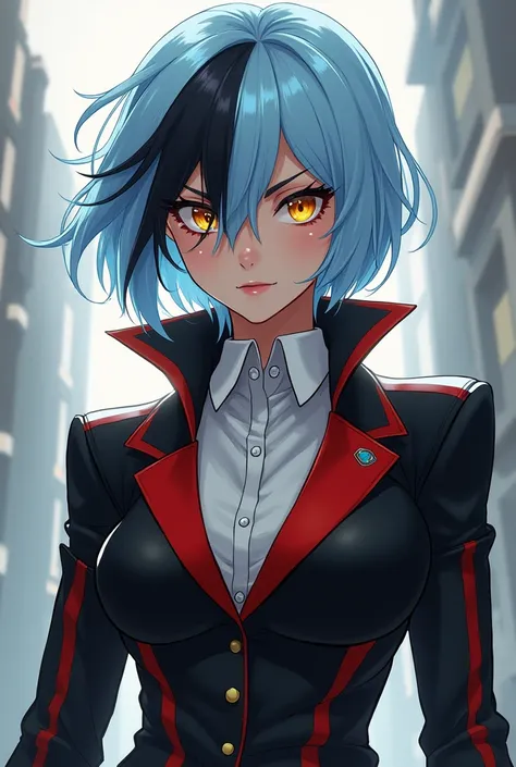 Create a female Bnha oc.
Light blue hair with a black streak, yellow eyes, black red white suit, White woman 