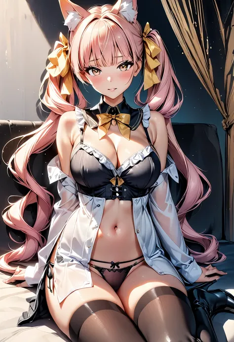 (masterpiece),(best quality),(ultra-detailed),(best illustration),(best shadow),(absurdres),(detailed background),(very aesthetic), 1girl, solo, breasts, underwear, thighhighs, panties, animal-ears, long-hair, twintails, pink-hair, large-breasts, navel, ve...