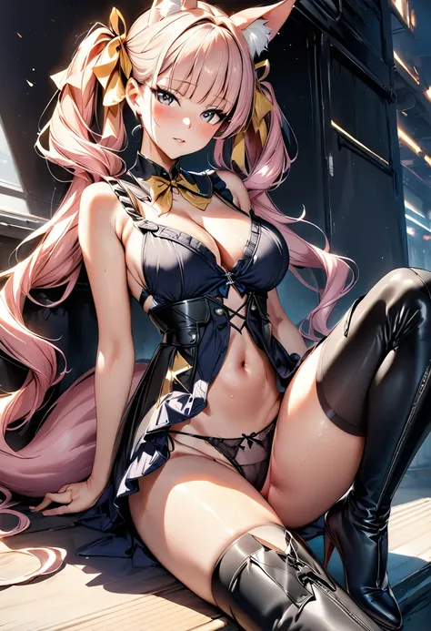 (masterpiece),(best quality),(ultra-detailed),(best illustration),(best shadow),(absurdres),(detailed background),(very aesthetic), 1girl, solo, breasts, underwear, thighhighs, panties, animal-ears, long-hair, twintails, pink-hair, large-breasts, navel, ve...