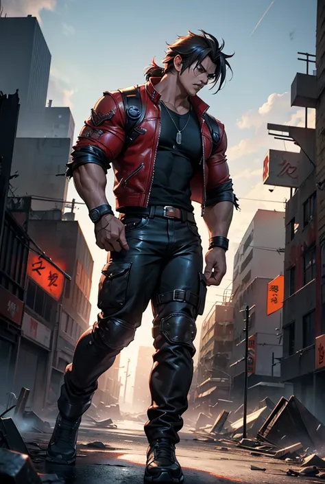 Jin Kazama, Tekken, intense expression, long flowing dark hair, muscular build, demonic aura, extremely confident,post-apocalyptic city, ruined buildings, dramatic lighting, 8k, high resolution, detailed, anime style