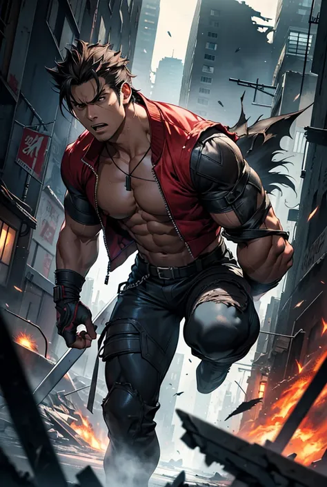 Jin Kazama, Tekken, intense expression, long flowing dark hair, muscular build, demonic aura, extremely confident,post-apocalyptic city, ruined buildings, dramatic lighting, 8k, high resolution, detailed, anime style