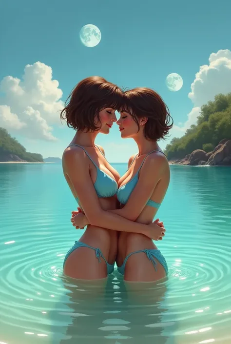 image of a 40 year old short brown haired woman MILF , swimming with an 18 year old boy in a turquoise lake she wears a light blue bikini, sky background with two moons, the lake forms a beach, They hug each other in the water and smile a lot.